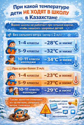 При какой температуре дети не ходят в школу в Казахстане: правила, пороги и исключения